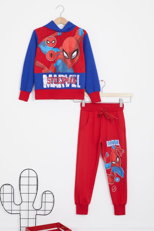 Erkek Çocuk Örümcek Adam Baskılı Kapüşonlu Eşofman Takımı 14588