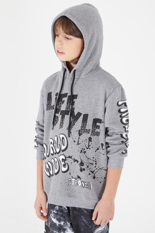 Erkek Çocuk Yazı Baskılı Kapüşonlu Sweatshirt 9-14 Yaş 14147