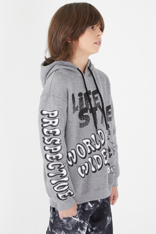 Erkek Çocuk Yazı Baskılı Kapüşonlu Sweatshirt 9-14 Yaş 14147