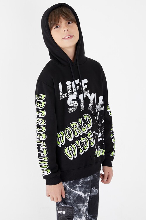 Erkek Çocuk Yazı Baskılı Kapüşonlu Sweatshirt 9-14 Yaş 14147