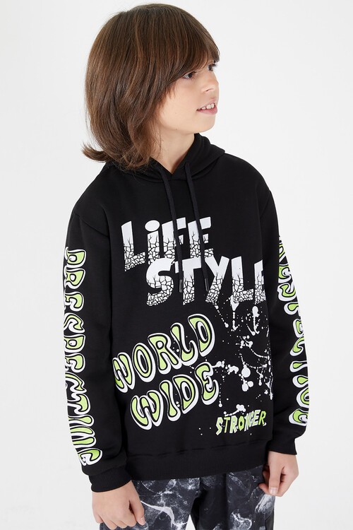 Erkek Çocuk Yazı Baskılı Kapüşonlu Sweatshirt 9-14 Yaş 14147