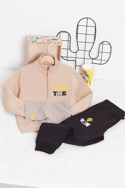 Erkek Çocuk Yazı Baskılı Polarlı Kalın Eşofman Takım 14622