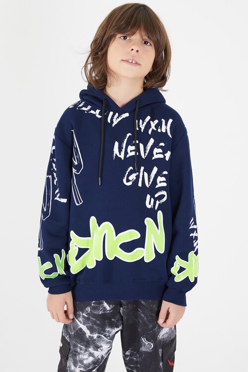 Erkek Çocuk Yazı Baskılı Polarlı Kapüşonlu Sweatshirt 14604