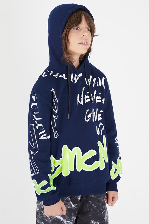 Erkek Çocuk Yazı Baskılı Polarlı Kapüşonlu Sweatshirt 14604