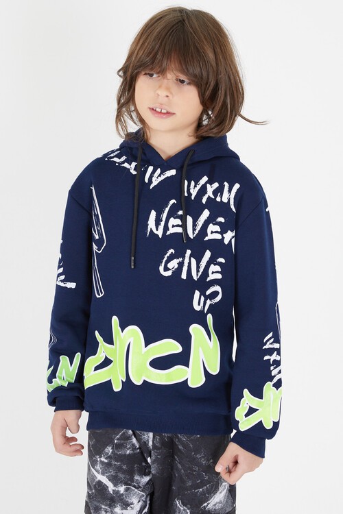 Erkek Çocuk Yazı Baskılı Polarlı Kapüşonlu Sweatshirt 14604