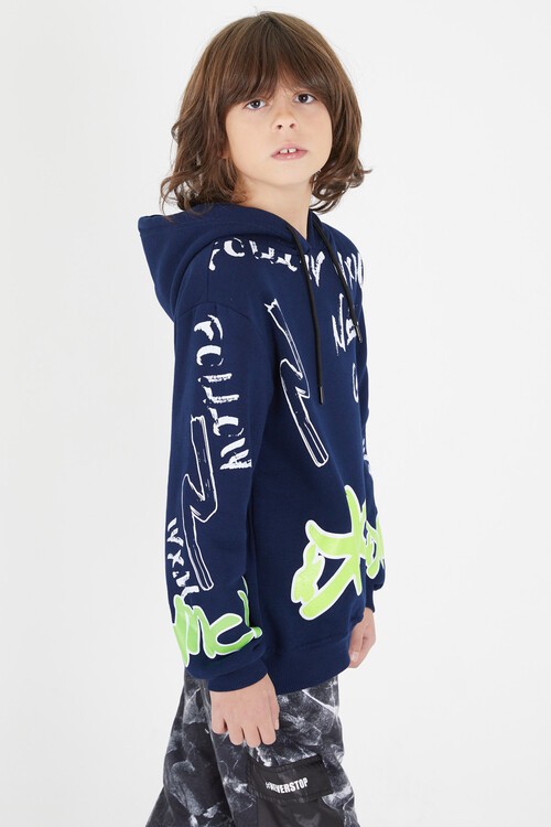 Erkek Çocuk Yazı Baskılı Polarlı Kapüşonlu Sweatshirt 14604