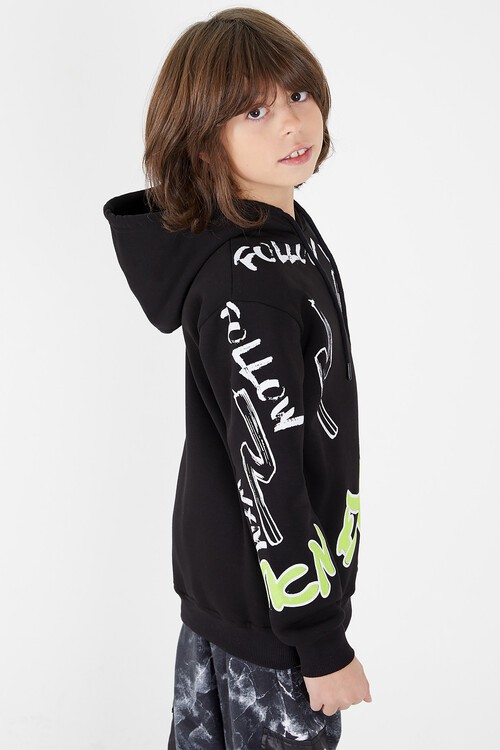 Erkek Çocuk Yazı Baskılı Polarlı Kapüşonlu Sweatshirt 14604