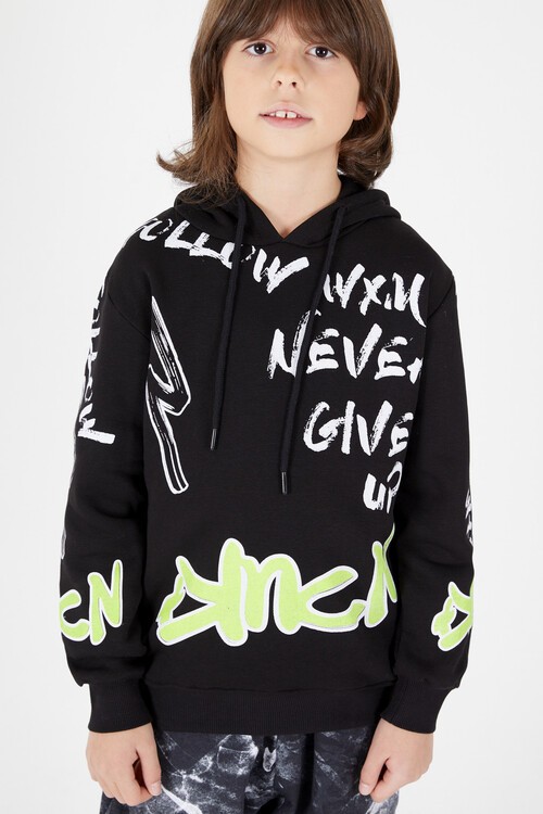 Erkek Çocuk Yazı Baskılı Polarlı Kapüşonlu Sweatshirt 14604