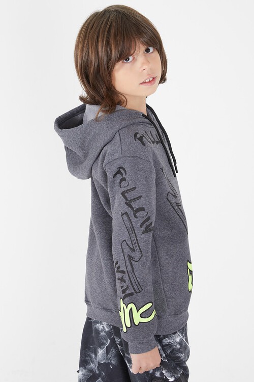 Erkek Çocuk Yazı Baskılı Polarlı Kapüşonlu Sweatshirt 14604