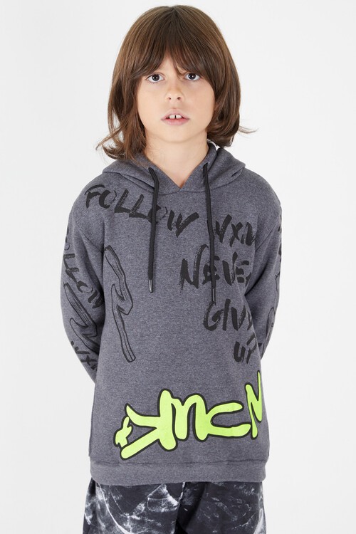 Erkek Çocuk Yazı Baskılı Polarlı Kapüşonlu Sweatshirt 14604