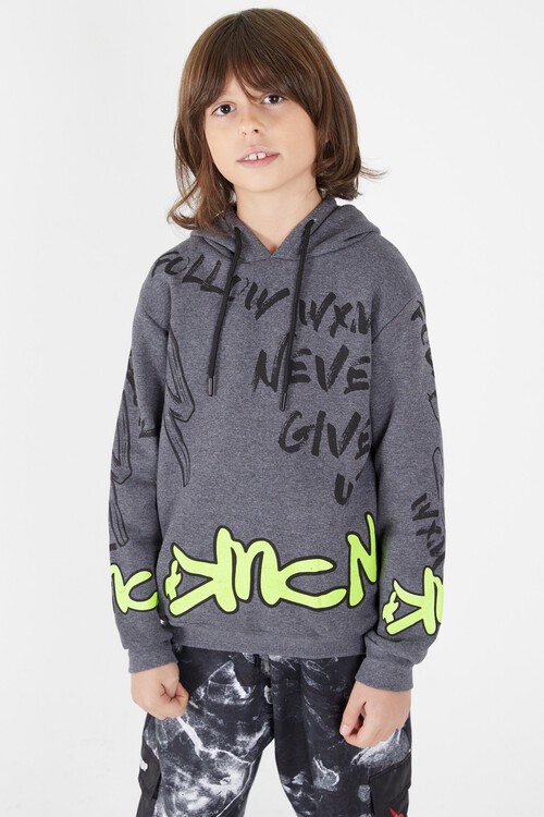 Erkek Çocuk Yazı Baskılı Polarlı Kapüşonlu Sweatshirt 14604