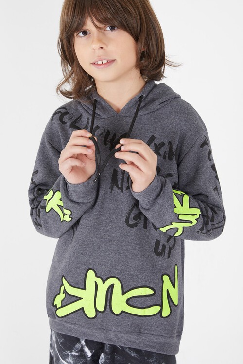Erkek Çocuk Yazı Baskılı Polarlı Kapüşonlu Sweatshirt 14604