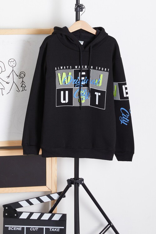 Erkek Kapşonlu City Yazı Baskılı Sweatshirt 14171