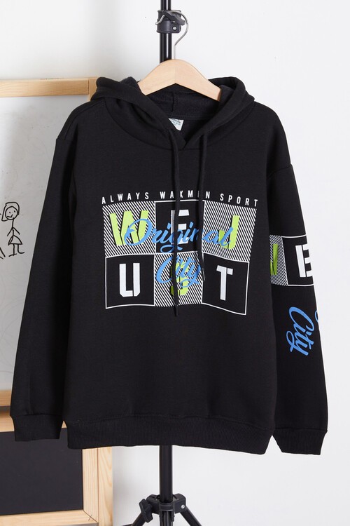 Erkek Kapşonlu City Yazı Baskılı Sweatshirt 14171