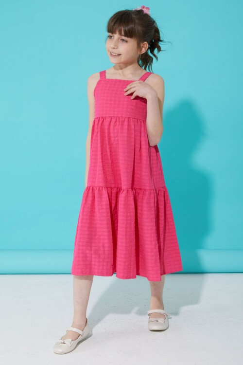 Fuşya Desenli Kız Çocuk Askılı Elbise 15336