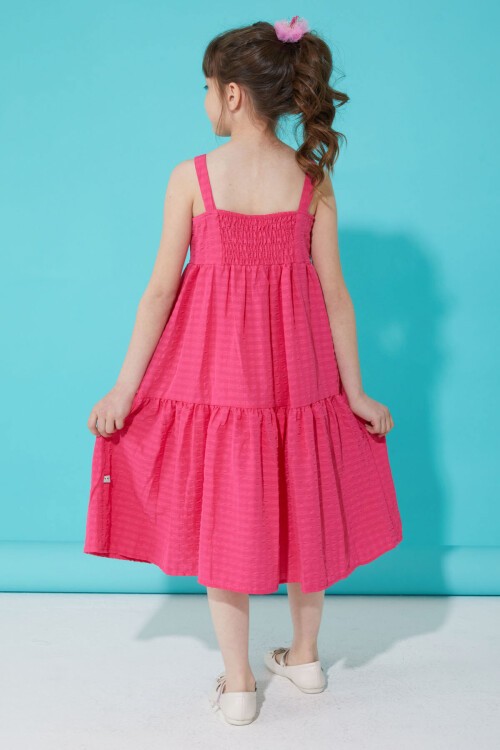 Fuşya Desenli Kız Çocuk Askılı Elbise 15336