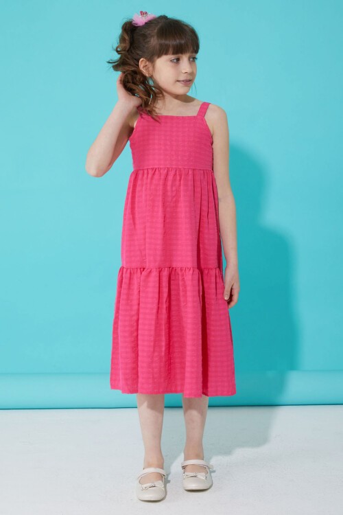 Fuşya Desenli Kız Çocuk Askılı Elbise 15336