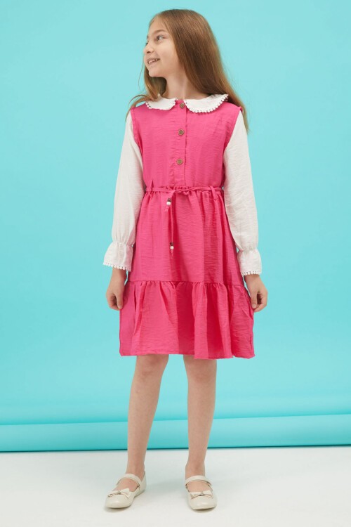 Fuşya Kız Çocuk Kuşaklı Dantel Yaka Elbise 15176