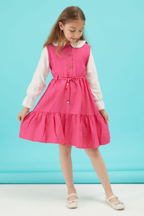 Fuşya Kız Çocuk Kuşaklı Dantel Yaka Elbise 15176