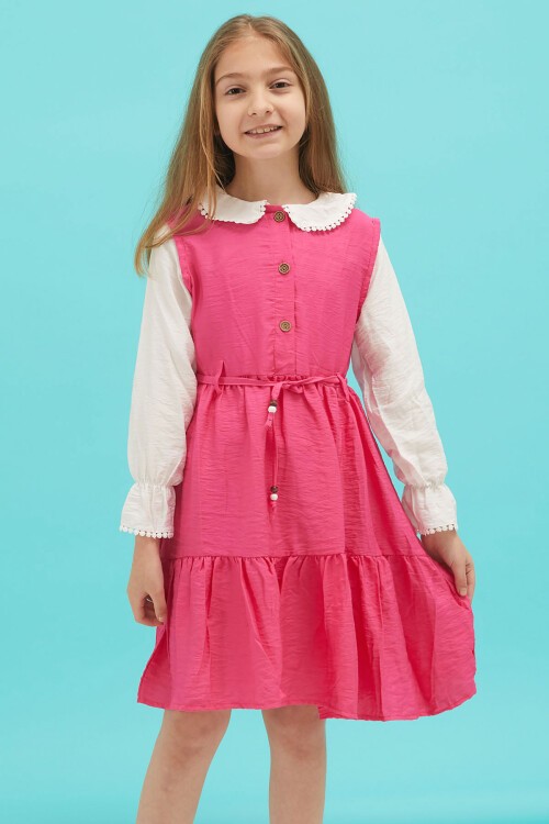 Fuşya Kız Çocuk Kuşaklı Dantel Yaka Elbise 15176