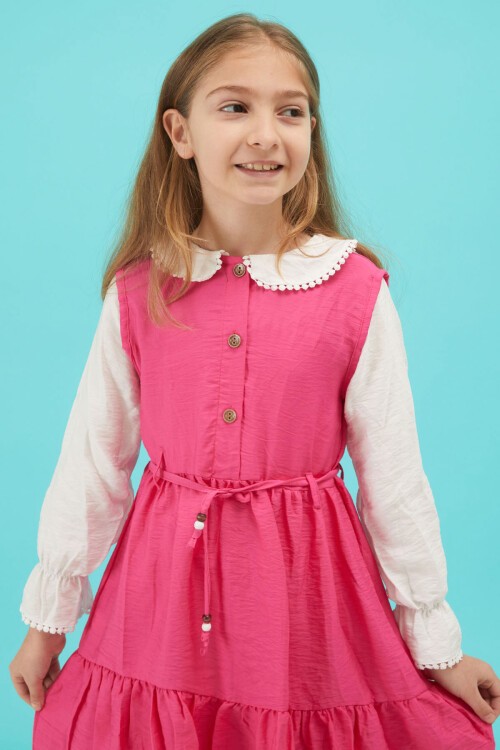 Fuşya Kız Çocuk Kuşaklı Dantel Yaka Elbise 15176