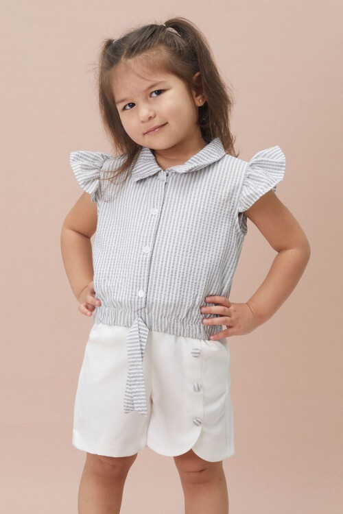 Gri Çizgili Gömlekli Şortlu Kız Takım 15117