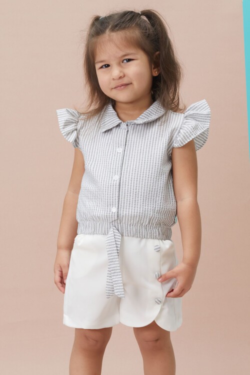 Gri Çizgili Gömlekli Şortlu Kız Takım 15117
