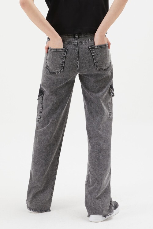 Gri Kargo Cepli Yüksek Bel Kız Jean Pantolon 15244