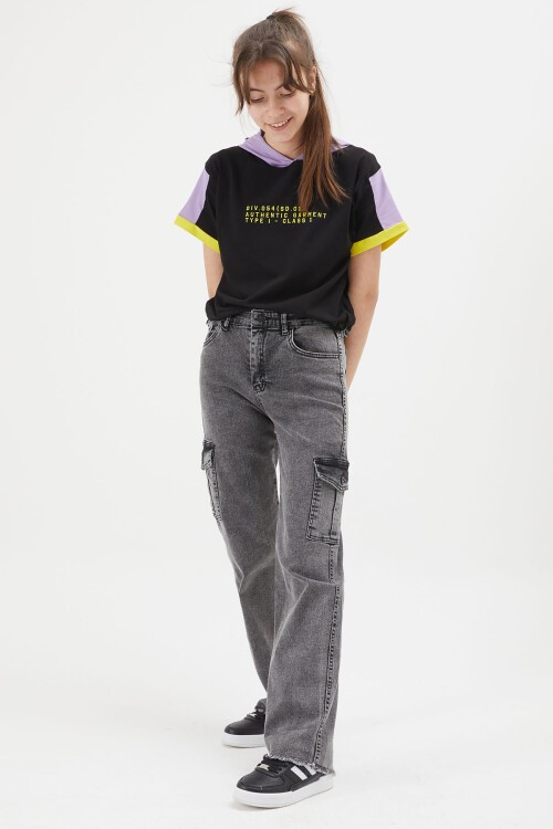 Gri Kargo Cepli Yüksek Bel Kız Jean Pantolon 15244