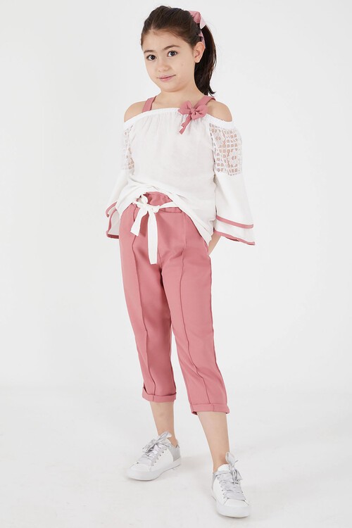 Gül Kurusu Fiyonklu Askılı Volanlı Kol Kız Çocuk Takım 15092