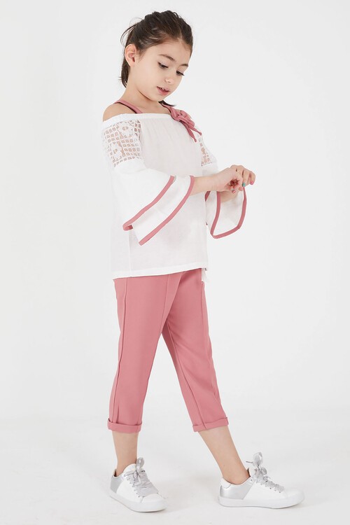 Gül Kurusu Fiyonklu Askılı Volanlı Kol Kız Çocuk Takım 15092