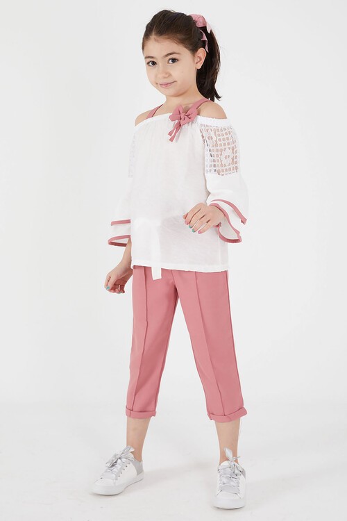 Gül Kurusu Fiyonklu Askılı Volanlı Kol Kız Çocuk Takım 15092