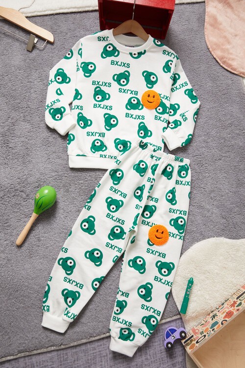 Gülen Yüz Nakışlı Ayıcık Desenli Eşofman Takımı Unisex 14972