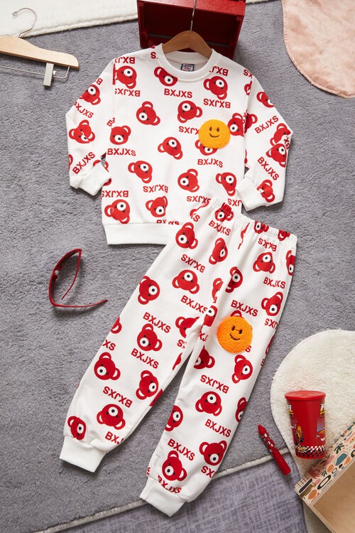 Gülen Yüz Nakışlı Ayıcık Desenli Eşofman Takımı Unisex 14972