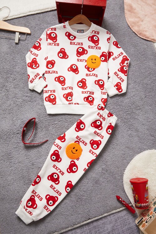 Gülen Yüz Nakışlı Ayıcık Desenli Eşofman Takımı Unisex 14972