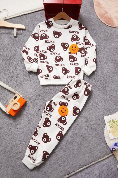 Gülen Yüz Nakışlı Ayıcık Desenli Eşofman Takımı Unisex 14972