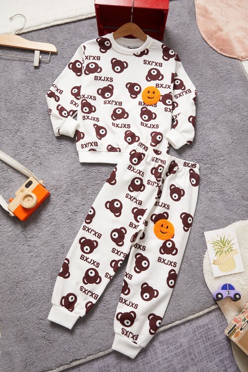 Gülen Yüz Nakışlı Ayıcık Desenli Eşofman Takımı Unisex 14972
