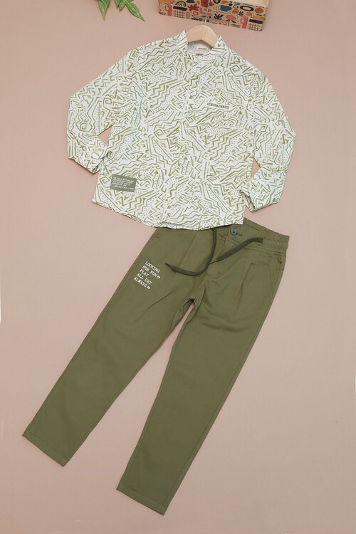 Haki Çizgili Gömlekli Erkek Çocuk Alt Üst Takım 15095