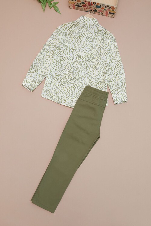 Haki Çizgili Gömlekli Erkek Çocuk Alt Üst Takım 15095