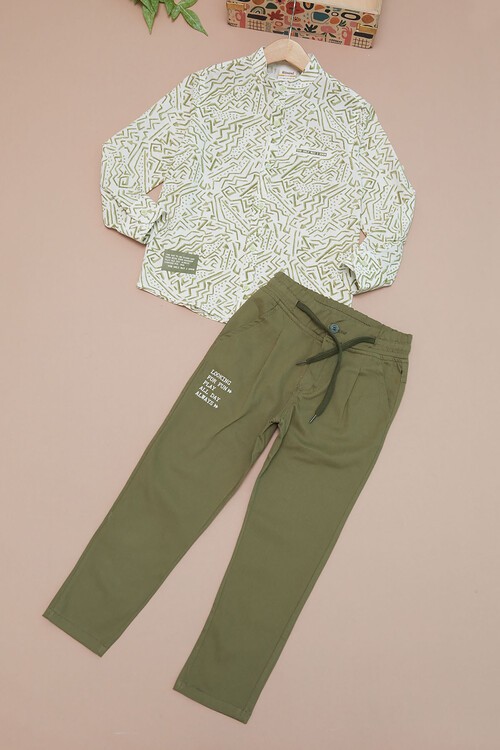 Haki Çizgili Gömlekli Erkek Çocuk Alt Üst Takım 15095