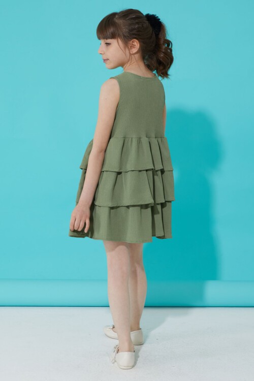Haki Volanlı Düğmeli Kız Çocuk Elbise 15267