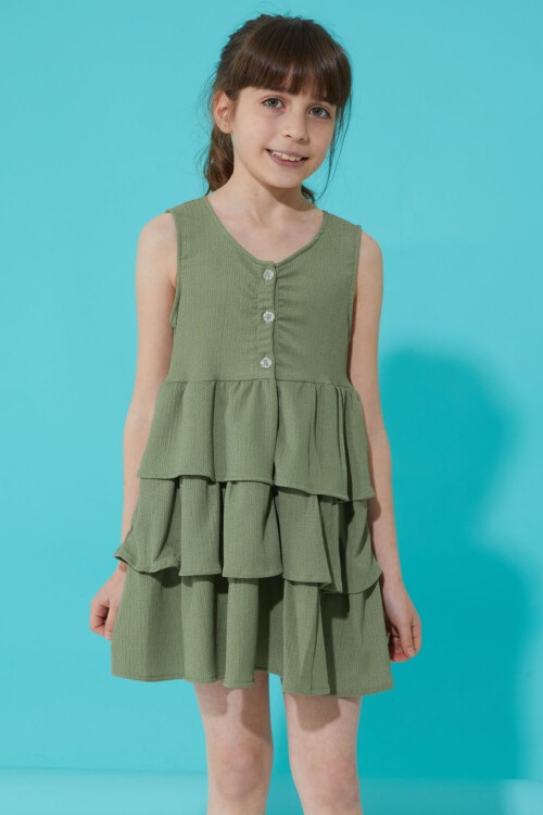 Haki Volanlı Düğmeli Kız Çocuk Elbise 15267