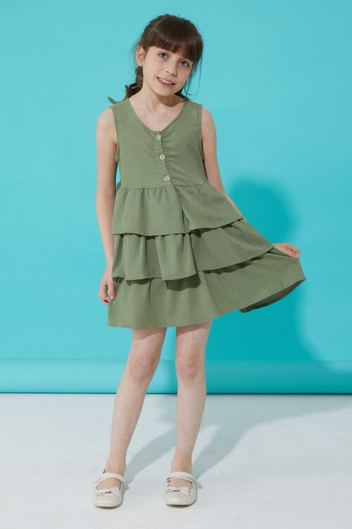 Haki Volanlı Düğmeli Kız Çocuk Elbise 15267