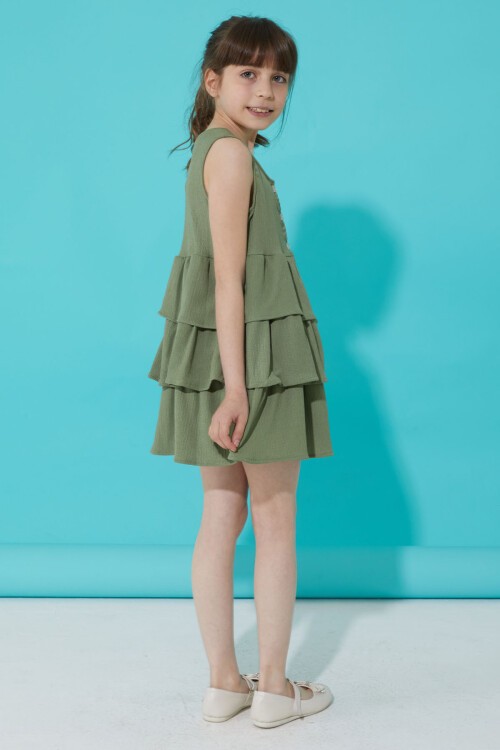 Haki Volanlı Düğmeli Kız Çocuk Elbise 15267