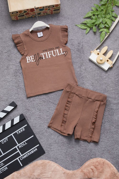 Kahve Beautiful Yazılı Kız Çocuk Şortlu Takım 15348