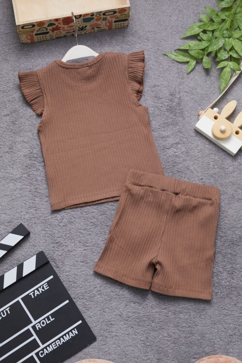 Kahve Beautiful Yazılı Kız Çocuk Şortlu Takım 15348