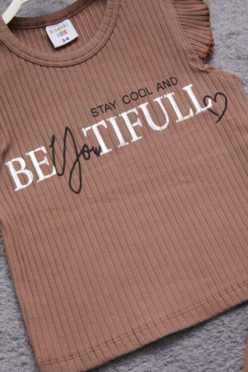 Kahve Beautiful Yazılı Kız Çocuk Şortlu Takım 15348