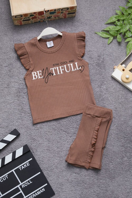 Kahve Beautiful Yazılı Kız Çocuk Şortlu Takım 15348