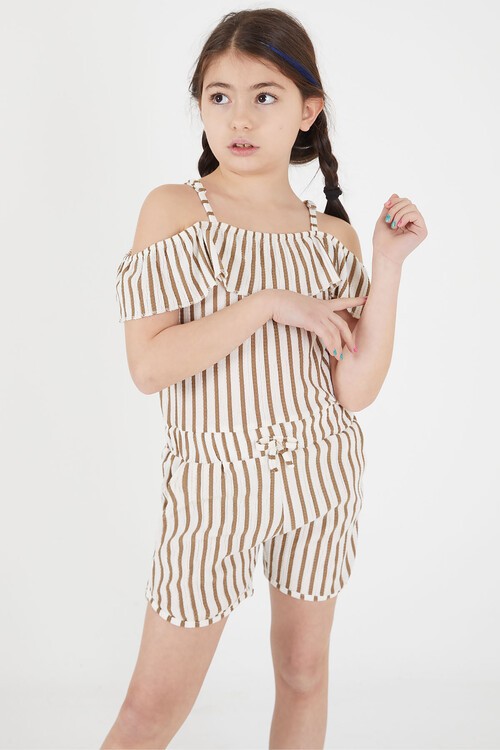 Kahve Çizgi Desenli Askılı Şortlu Kız Çocuk Tulum 15107