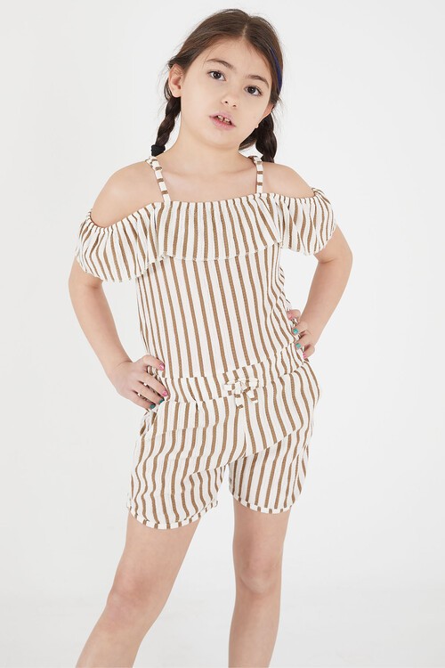 Kahve Çizgi Desenli Askılı Şortlu Kız Çocuk Tulum 15107